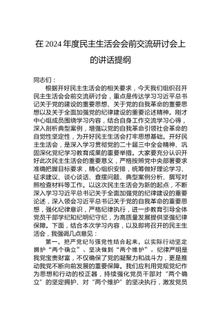 在2024年度民主生活会会前交流研讨会上的讲话提纲