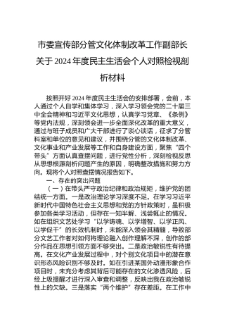 市委宣传部分管文化体制改革工作副部长关于2024年度民主生活会个人对照检视剖析材料