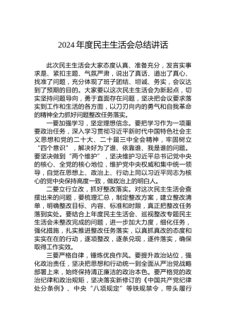 2024年度民主生活会总结讲话