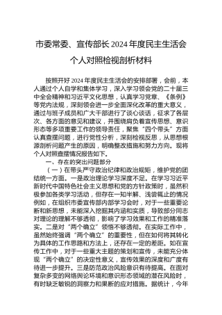 市委常委、宣传部长2024年度民主生活会个人对照检视剖析材料