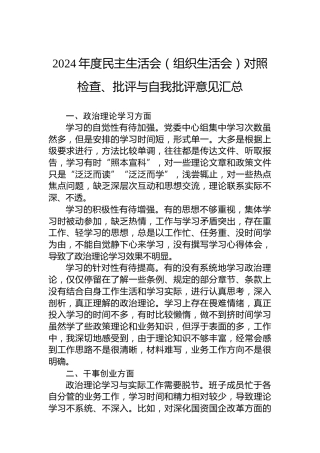 2024年度民主生活会（组织生活会）对照检查、批评与自我批评意见汇总