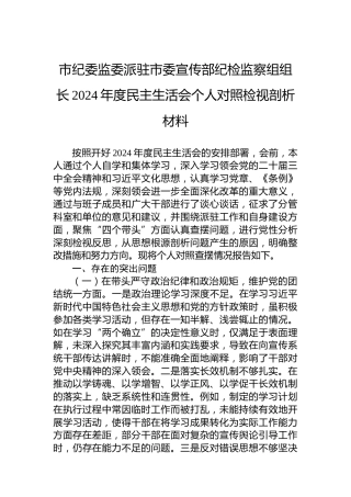 市纪委监委派驻市委宣传部纪检监察组组长2024年度民主生活会个人对照检视剖析材料