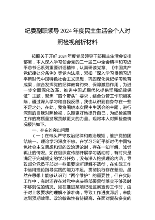 纪委副职领导2024年度民主生活会个人对照检视剖析材料