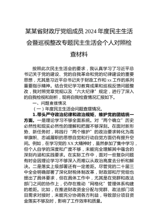 某某省财政厅党组成员2024年度民主生活会暨巡视整改专题民主生活会个人对照检查材料