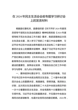 在2024年民主生活会会前专题学习研讨会上的发言材料