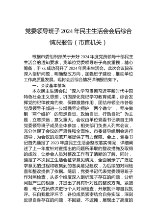 党委领导班子2024年民主生活会会后综合情况报告（市直机关）