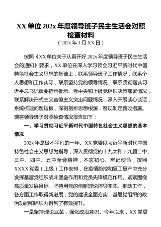 XX单位202x年度领导班子民主生活会对照检查材料