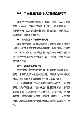 202x年民主生活会个人对照检查材料