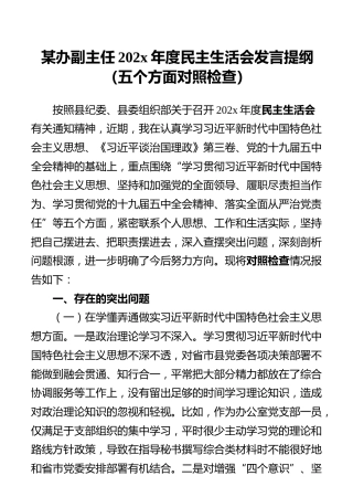 某办副主任202x年度民主生活会发言提纲（五个方面对照检查）