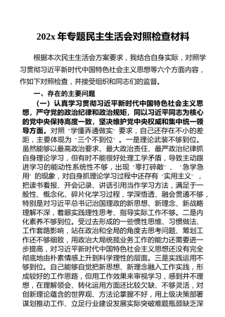 202x年专题民主生活会对照检查材料
