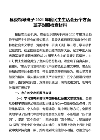 县委领导班子202x年度民主生活会五个方面班子对照检查材料