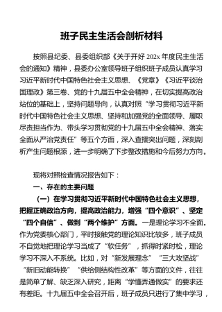 班子民主生活会剖析材料