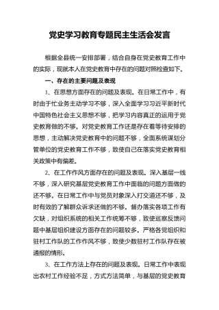党史学习教育专题民主生活会发言