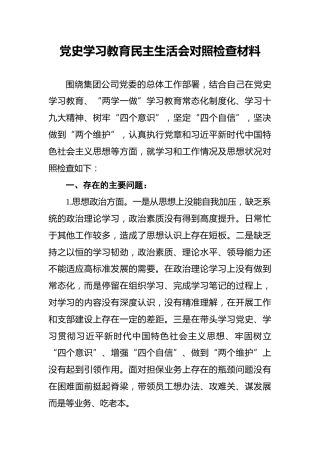 党史学习教育民主生活会对照检查材料