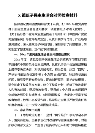 X镇班子民主生活会对照检查材料