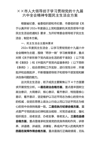 市人大领导班子学习贯彻党的十九届六中全会精神专题民主生活会方案