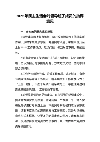 202x年民主生活会对领导班子成员的批评意见
