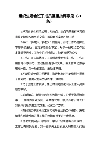组织生活会班子成员互相批评意见（21条）