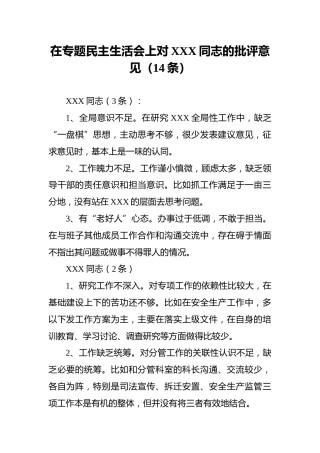 在专题民主生活会上对XXX同志的批评意见（14条）