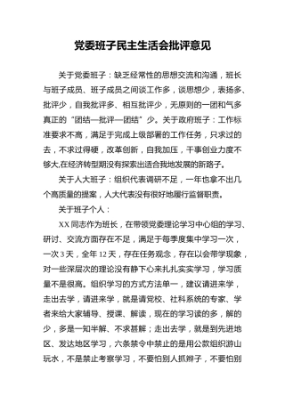 党委班子民主生活会批评意见