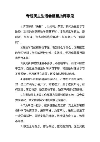 专题民主生活会相互批评意见