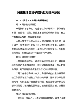 民主生活会班子成员互相批评意见
