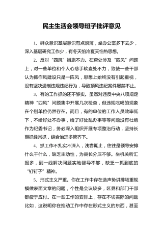 民主生活会领导班子批评意见