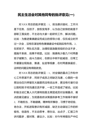 民主生活会对其他同专的批评意见（一）