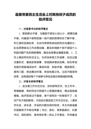 县委常委民主生活会上对其他班子成员的批评意见