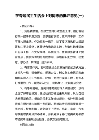 在专题民主生活会上对同志的批评意见（一）