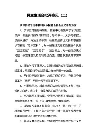 民主生活会批评意见（二）