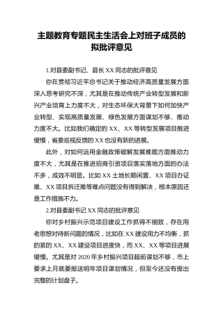 主题教育专题民主生活会上对班子成员的拟批评意见