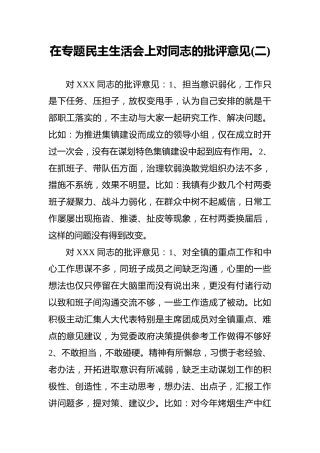 在专题民主生活会上对同志的批评意见（二）