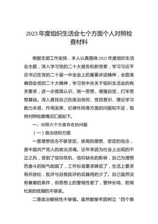 2023年度组织生活会七个方面个人对照检查材料