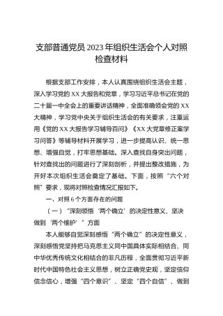 支部普通党员2023年组织生活会个人对照检查材料