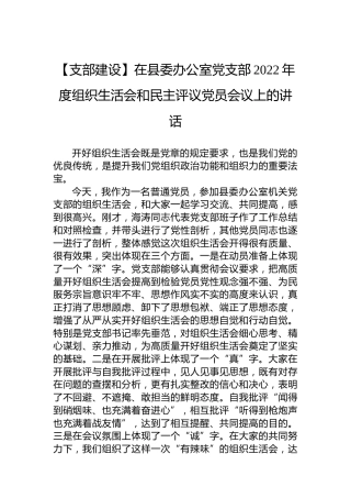 【支部建设】在县委办公室党支部2022年度组织生活会和民主评议党员会议上的讲话