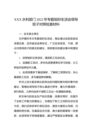 XXX水利部门2022年专题组织生活会领导班子对照检查材料