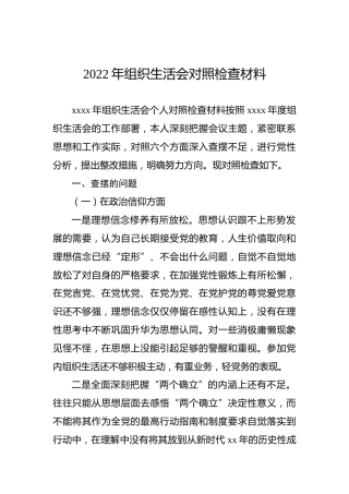 2022年组织生活会对照检查材料