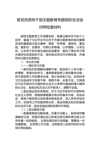 某党员领导干部主题教育专题组织生活会对照检查材料