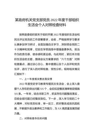 某政府机关党支部党员2022年度干部组织生活会个人对照检查材料