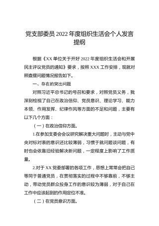 党支部委员2022年度组织生活会个人发言提纲