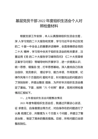 基层党员干部2022年度组织生活会个人对照检查材料