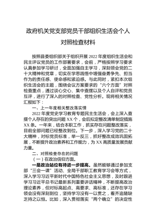 政府机关党支部党员干部2022年度组织生活会个人对照检查材料