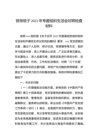 领导班子2022年专题组织生活会对照检查材料