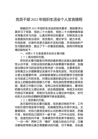 党员干部2022年组织生活会个人发言提纲（对照六个方面查摆问题）