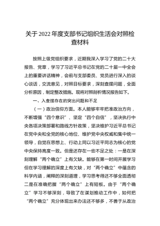 关于2022年度支部书记组织生活会对照检查材料