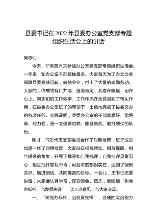 县委书记在2022年县委办公室党支部专题组织生活会上的讲话