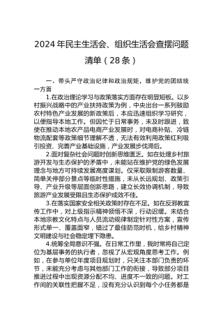 2024年民主生活会、组织生活会查摆问题清单（28条）