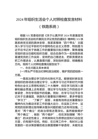 2024年组织生活会个人对照检查发言材料（铁路系统）