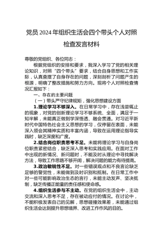 党员2024年组织生活会四个带头个人对照检查发言材料